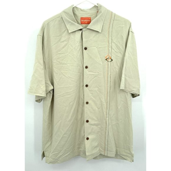 Tommy Bahama Silk Shirt Embroidered Size L Tan Button Up - Picture 1 of 4
